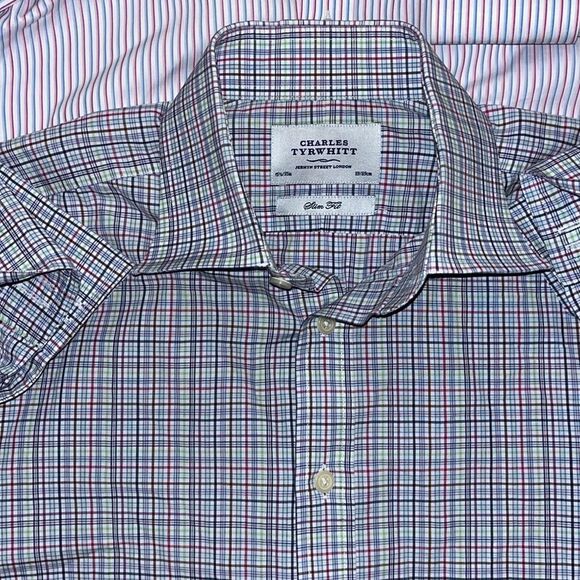 2-Charles Tyrwhitt Check Plaid & Stripe French Cuff Dress Shirt Red Gray Rainbow - Picture 6 of 6